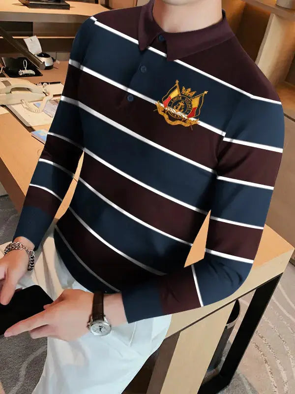 Louis Vicaci Long Sleeve Polo Shirt For Men-Maroon & Navy Stripe-BR899