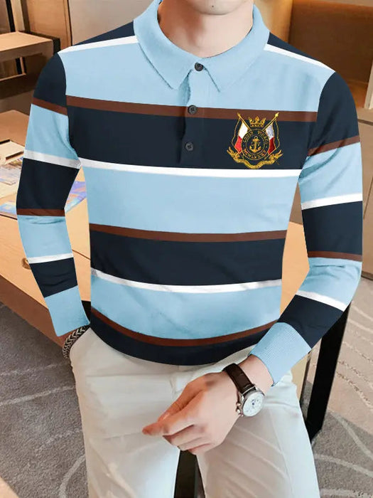 Louis Vicaci Long Sleeve Polo Shirt For Men-Sky with Navy Stripe-BR900