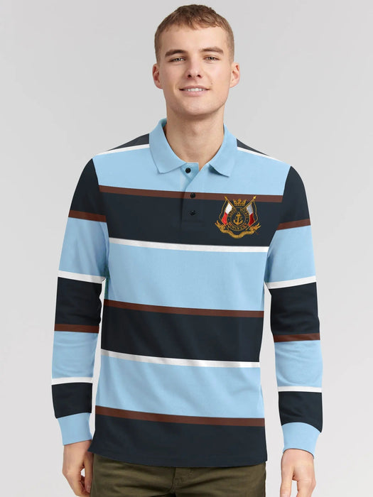 Louis Vicaci Long Sleeve Polo Shirt For Men-Sky with Navy Stripe-BR900