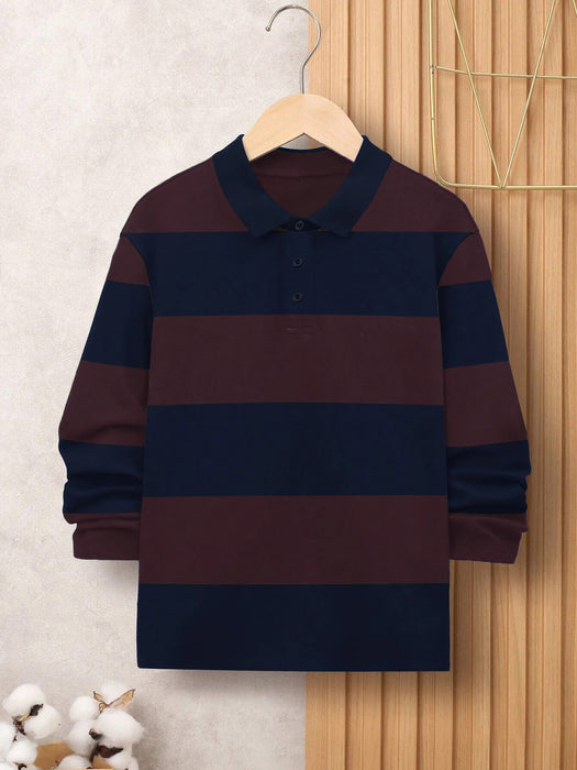 Louis Vicaci Long Sleeve Polo Shirt For Kids-Navy with Maroon Stripe-BR13194