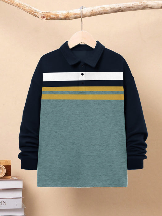Louis Vicaci Long Sleeve Polo Shirt For Kids-Navy with Stripe-BR13195