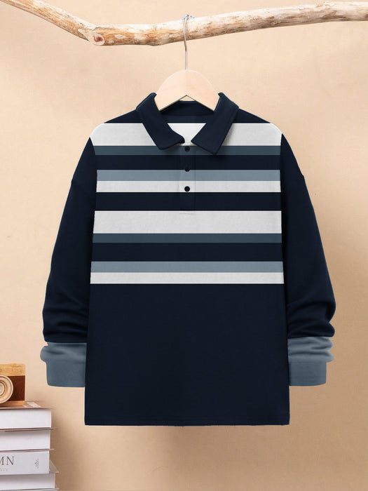 Louis Vicaci Long Sleeve Polo Shirt For Kids-Navy with White & Grey Stripe-BR13192