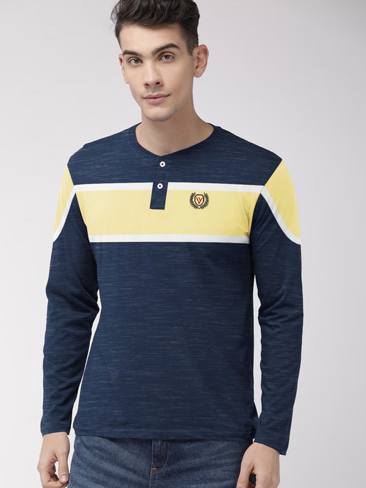 Louis Vicaci P.Q Long Sleeve Henley Shirt For Men-Blue Melange with Yellow-BR13210