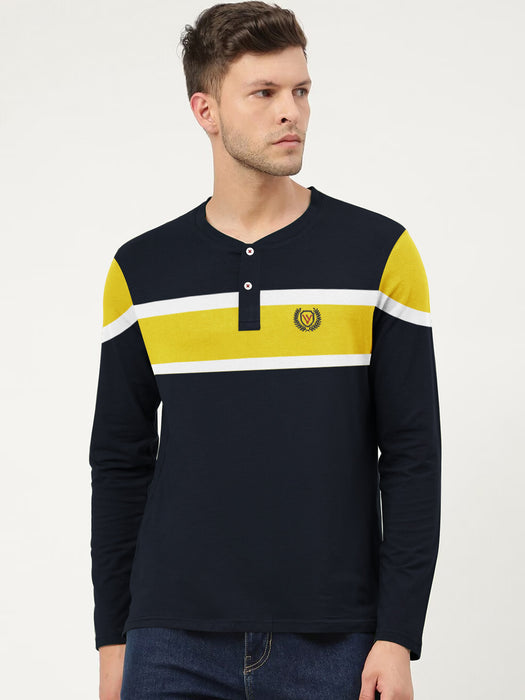Louis Vicaci P.Q Long Sleeve Henley Shirt For Men-Mid Navy with Yellow-BR13203