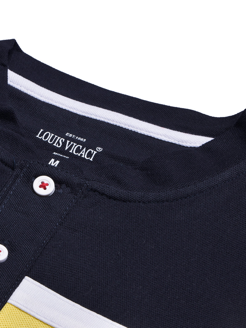 Louis Vicaci P.Q Long Sleeve Henley Shirt For Men-Mid Navy with Yellow-BR13203