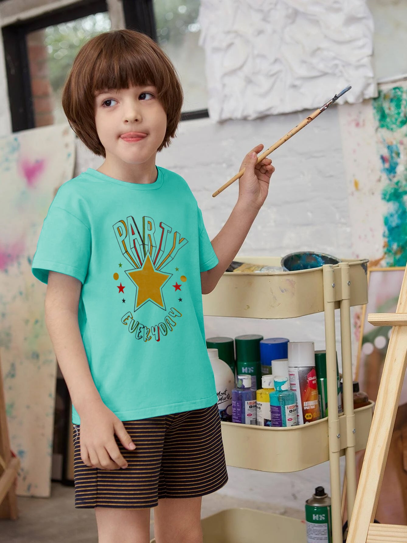 Louis Vicaci Single Jersey Tee Shirt For Kids-Cyan-BR13421
