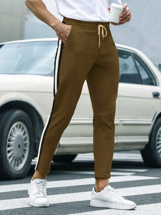 Louis Vicaci Slim Fit Summer Trouser For Men-Dark Khaki with Black & White Stripes-BR13452