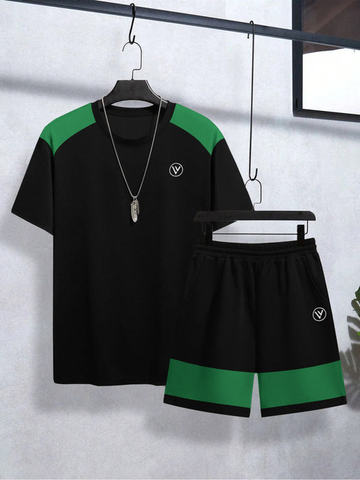 Louis Vicaci Summer Active Wear T Shirt & Lounge Short For Men-Black with Green Panels-BE3221/BR15669