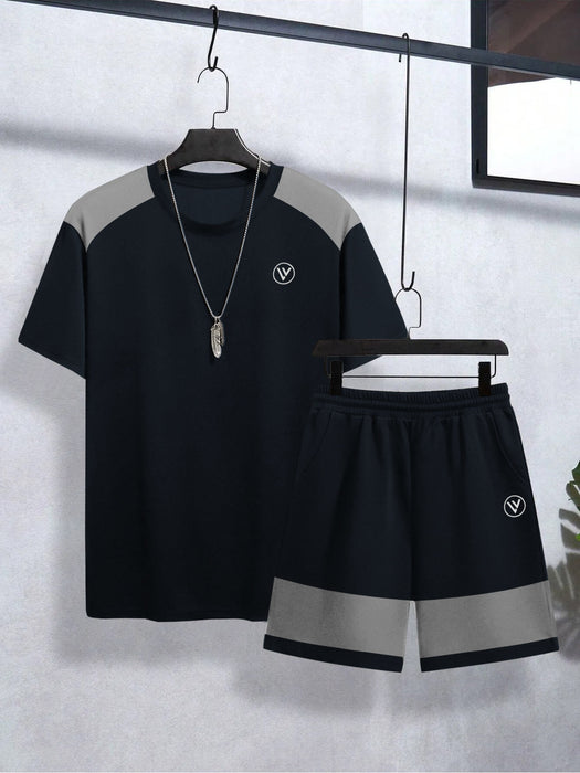 Louis Vicaci Summer Active Wear T Shirt & Lounge Short For Men-Navy with Grey Panels-BE3220/BR15668
