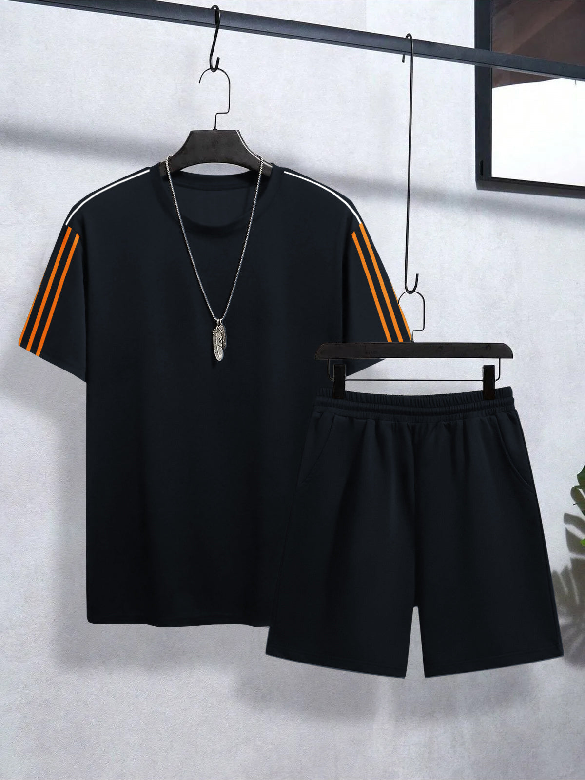 Louis Vicaci Summer Active Wear T Shirt & Lounge Short For Men-Navy with Orange & White Stripes-BE3218/BR15664