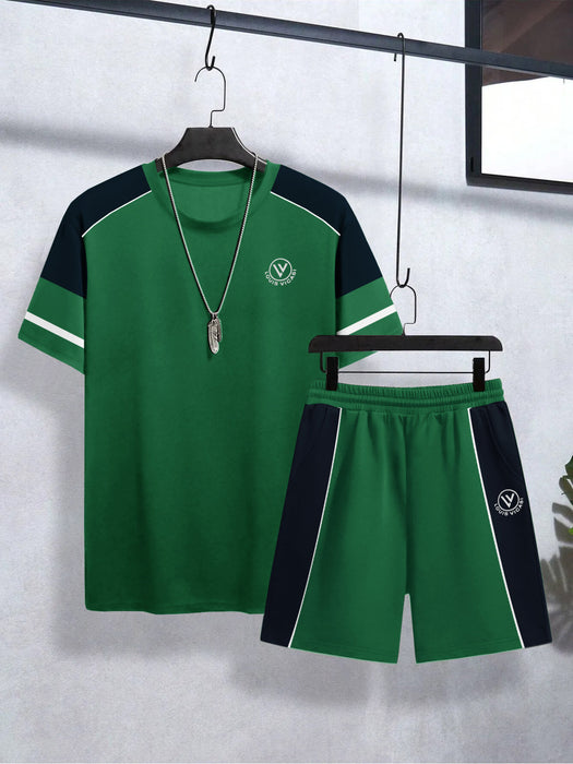 Louis Vicaci Summer Active Wear T Shirt & Lounge Short For Men-Green with Navy Panels-BE3217/BR15663