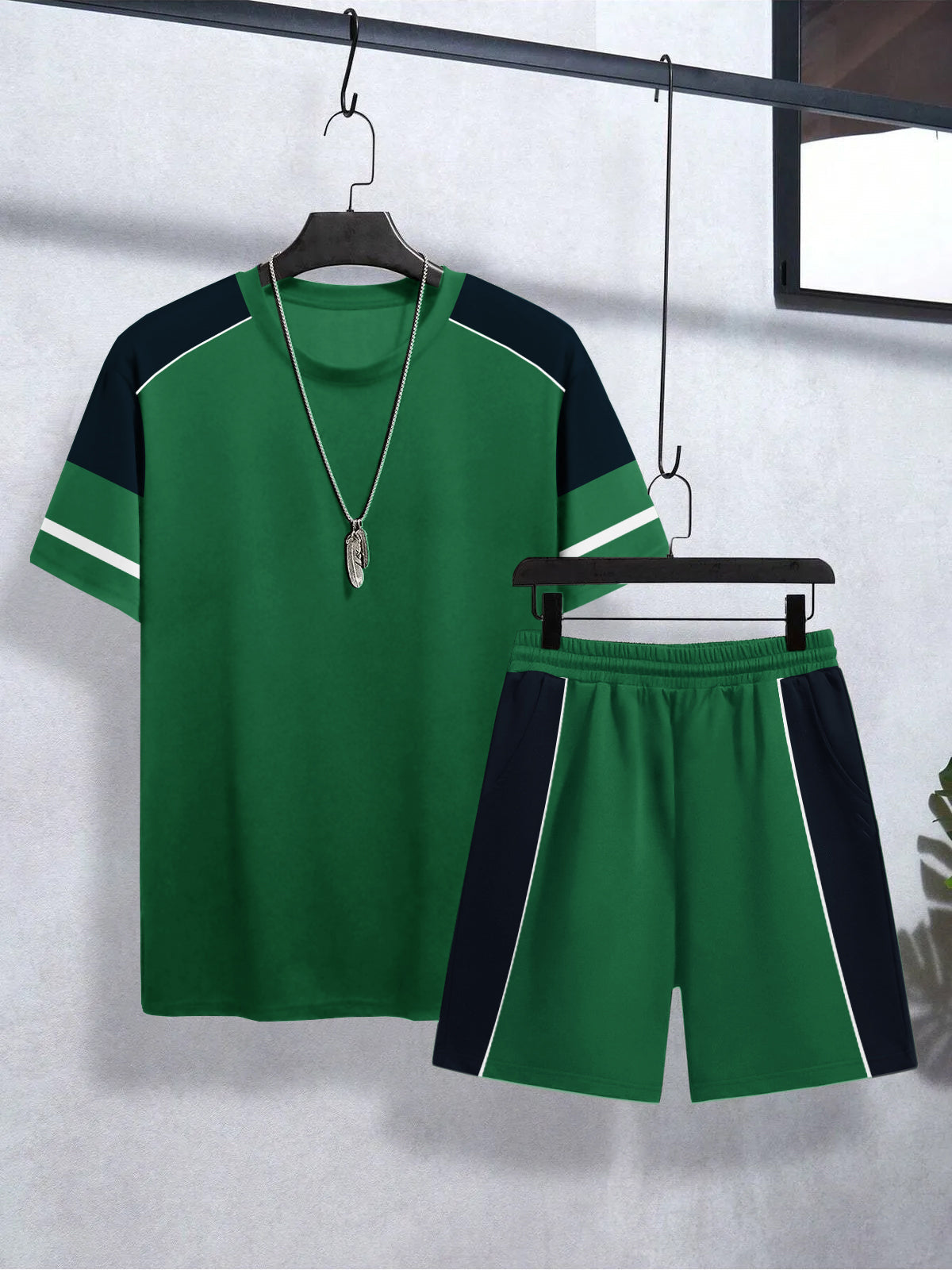 Louis Vicaci Summer Active Wear T Shirt & Lounge Short For Men-Green with Navy Panels-BE3217/BR15663