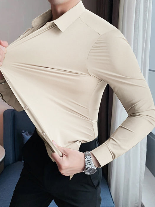 Louis Vicaci Super Stretchy Slim Fit Long Sleeve Summer Formal Casual Shirt For Men-Biege-BR13412