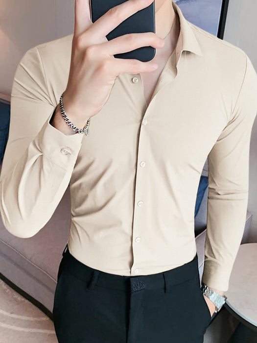 Louis Vicaci Super Stretchy Slim Fit Long Sleeve Summer Formal Casual Shirt For Men-Biege-BR13412