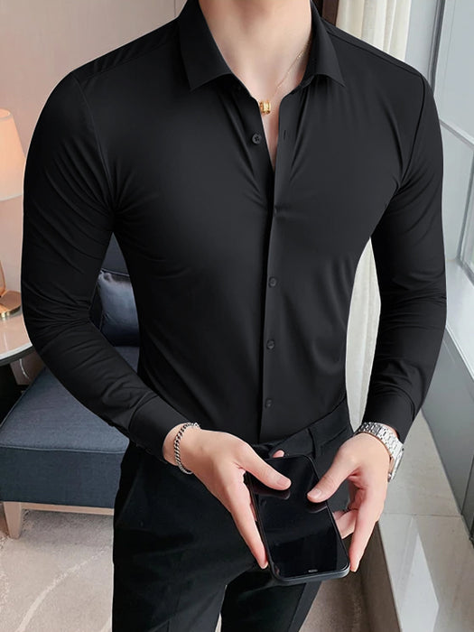 Louis Vicaci Super Stretchy Slim Fit Long Sleeve Summer Formal Casual Shirt For Men-Black-BR13477
