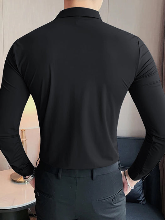 Louis Vicaci Super Stretchy Slim Fit Long Sleeve Summer Formal Casual Shirt For Men-Black-BR13477