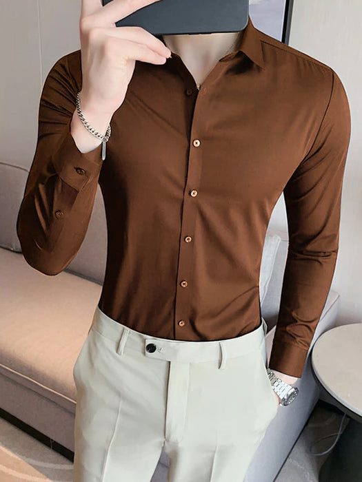 Louis Vicaci Super Stretchy Slim Fit Long Sleeve Summer Formal Casual Shirt For Men-Brown-BR13512