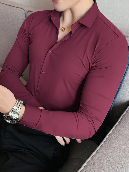 Louis Vicaci Super Stretchy Slim Fit Long Sleeve Summer Formal Casual Shirt For Men-Burgundy-BR13388