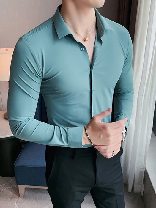 Louis Vicaci Super Stretchy Slim Fit Long Sleeve Summer Formal Casual Shirt For Men-Cyan-BR13347