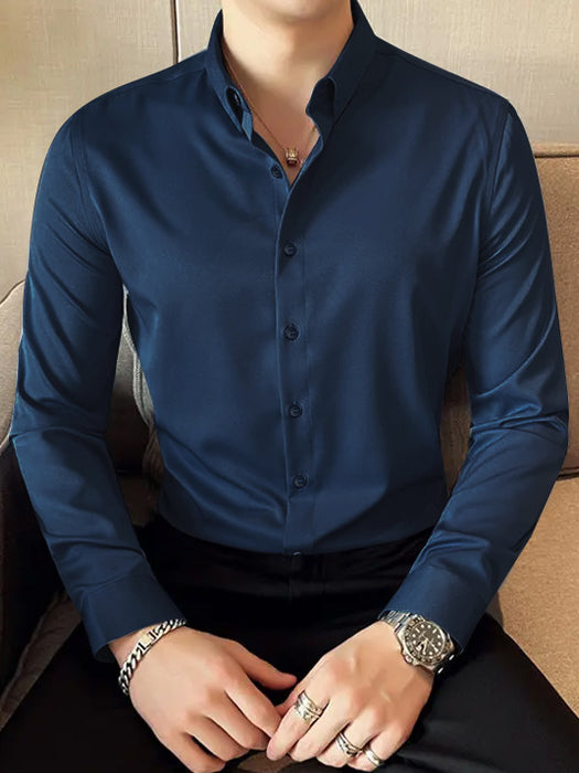 Louis Vicaci Super Stretchy Slim Fit Long Sleeve Summer Formal Casual Shirt For Men-Dark Blue-BR13564