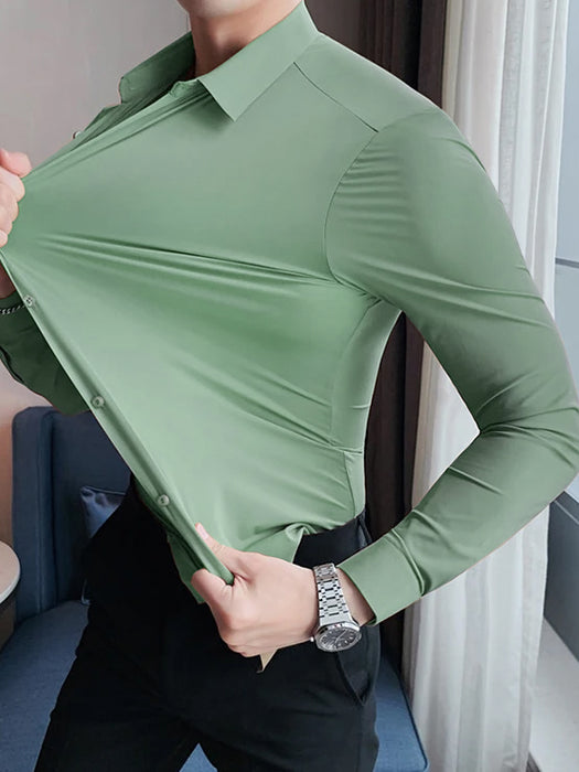 Louis Vicaci Super Stretchy Slim Fit Long Sleeve Summer Formal Casual Shirt For Men-Green-BR13325