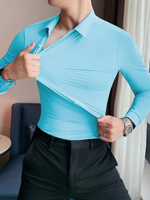 Louis Vicaci Super Stretchy Slim Fit Long Sleeve Summer Formal Casual Shirt For Men-Light Sky-BR13324