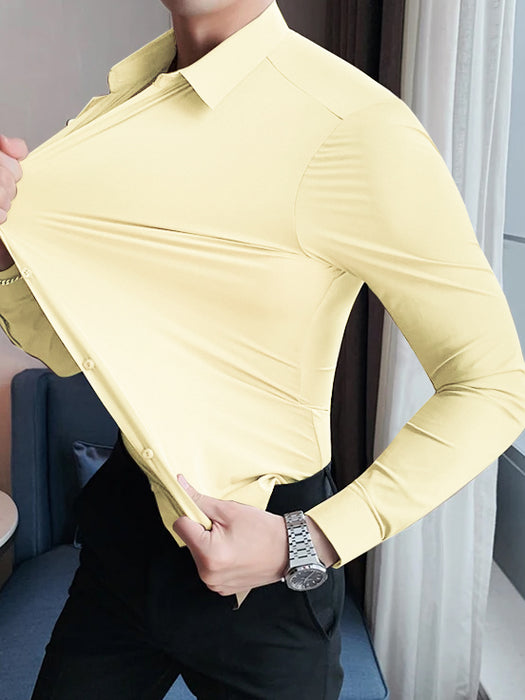Louis Vicaci Super Stretchy Slim Fit Long Sleeve Summer Formal Casual Shirt For Men-Lime Yellow-BR13429