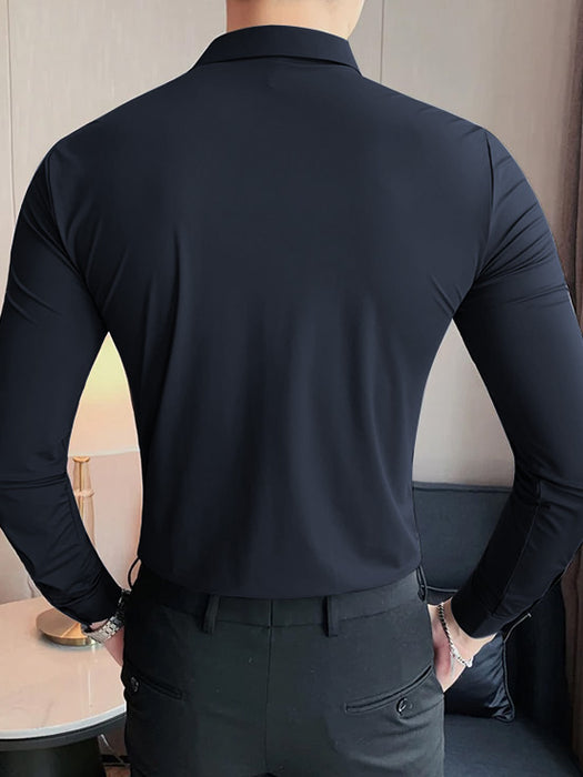 Louis Vicaci Super Stretchy Slim Fit Long Sleeve Summer Formal Casual Shirt For Men-Dark Navy-BR13359