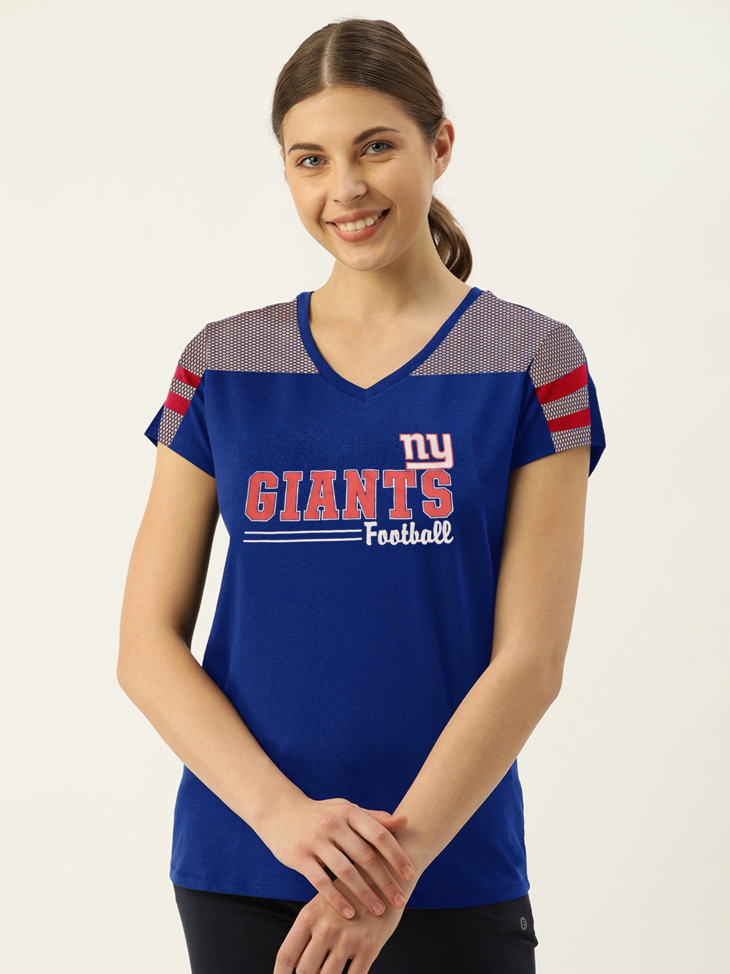 Majestic V Neck Neck Net Sleeve Tee Shirt For Ladies-Blue-BR13382