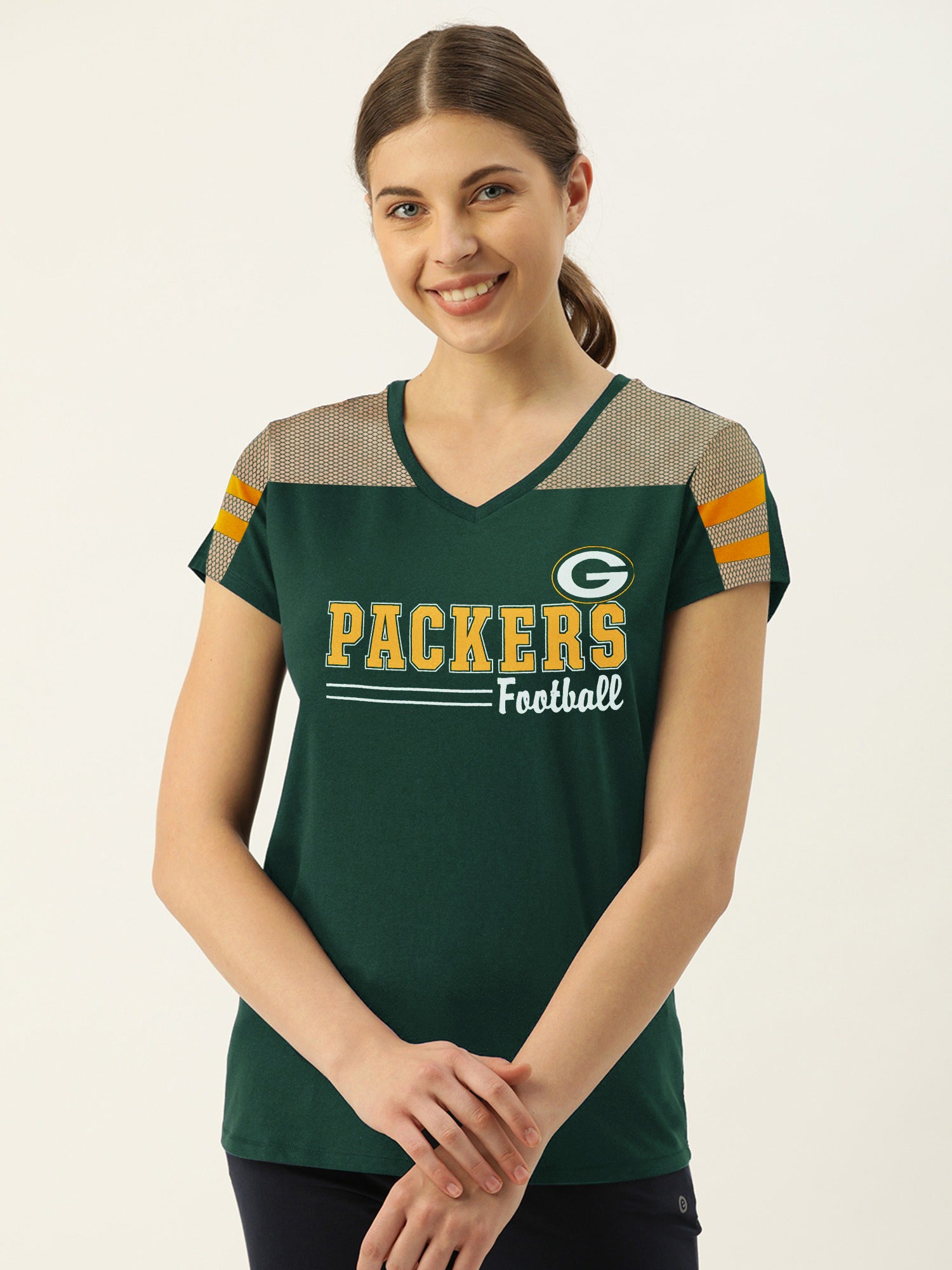 Majestic V Neck Neck Net Sleeve Tee Shirt For Ladies-Green-BR13377