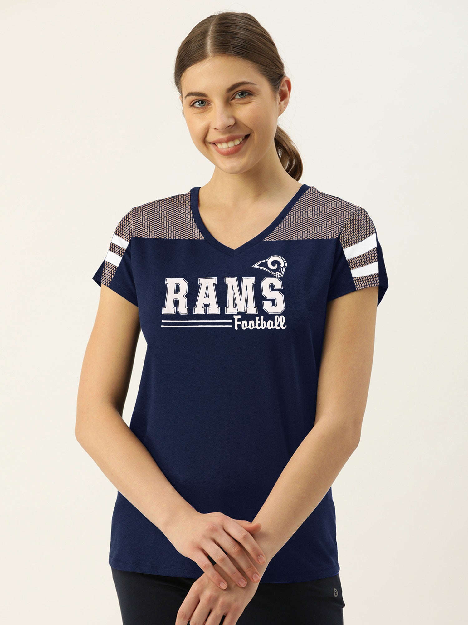 Majestic V Neck Neck Net Sleeve Tee Shirt For Ladies-Navy-BR13385