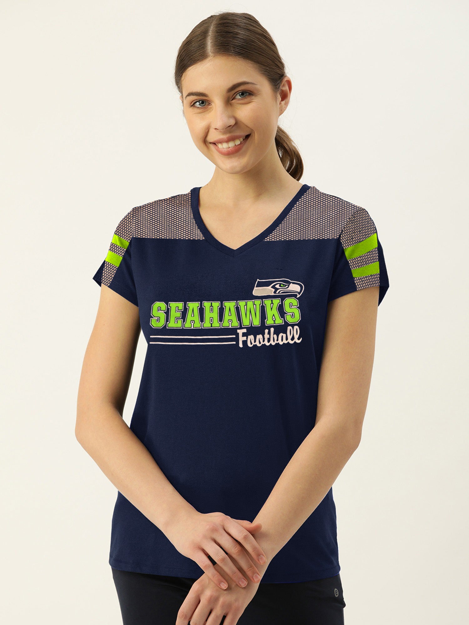 Majestic V Neck Neck Net Sleeve Tee Shirt For Ladies-Navy-BR13386