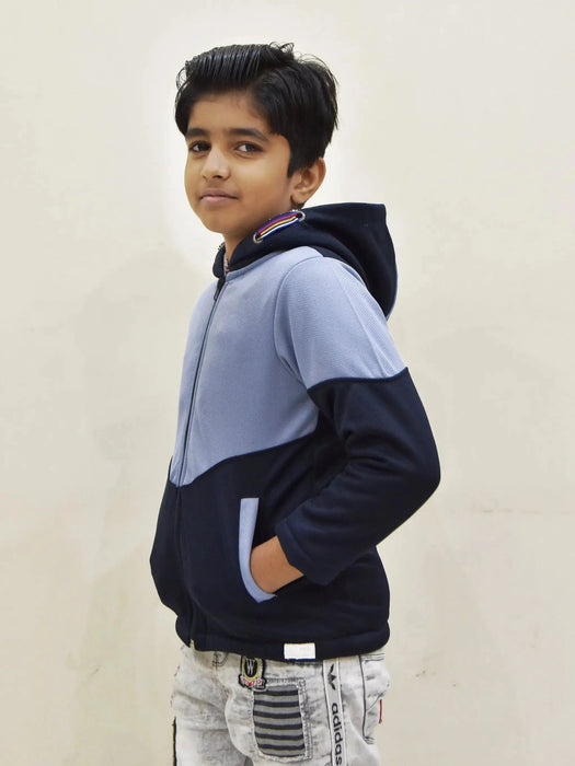 Mango Stylish Inner Quilted Fur Zipper Hoodie For Kids-Navy & Sky-BR943