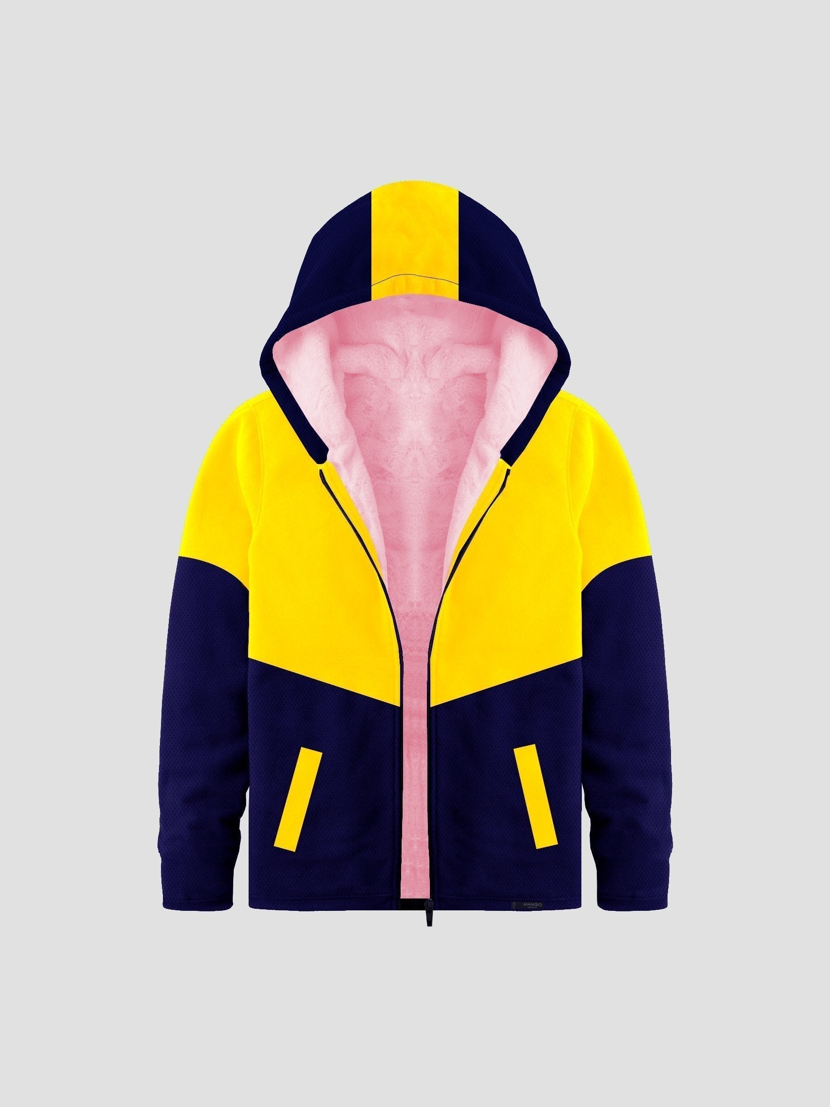 Mango Stylish Inner Fur Zipper Hoodie For Kids-Yellow & Royal Blue-BE153/BR964