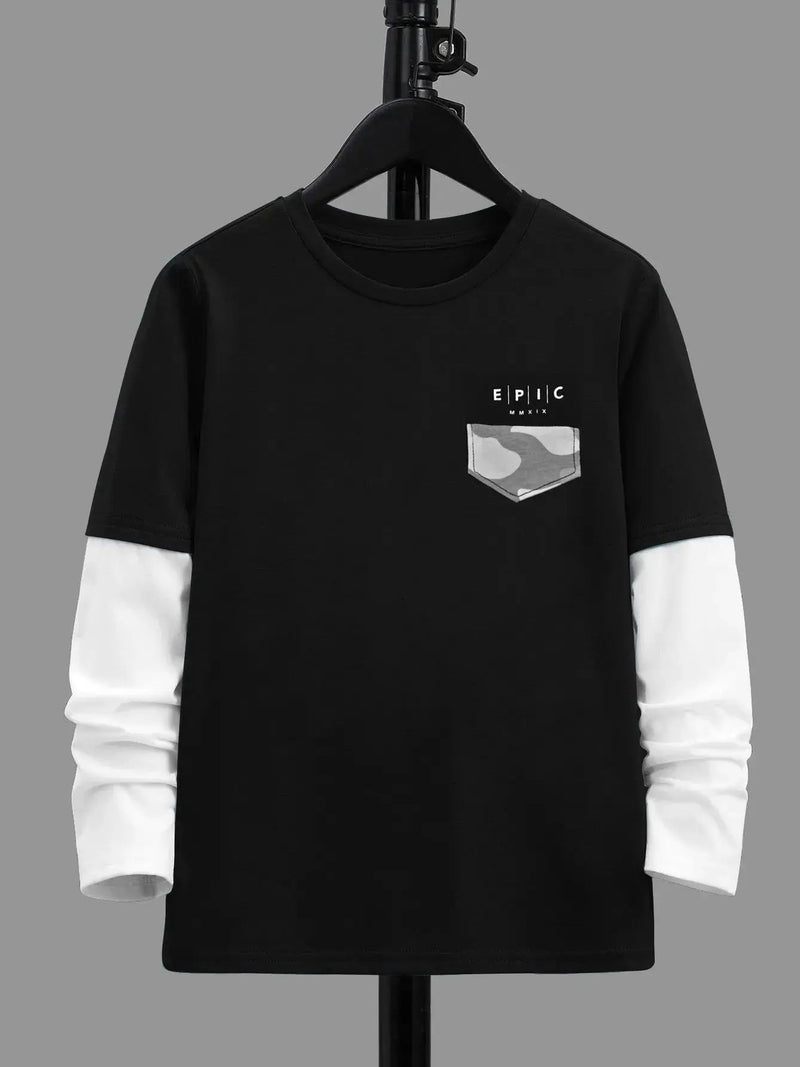 Maxx Crew Neck Long Sleeve Single Jersey Tee Shirt For Kids-Black & White-SP207/RT2114