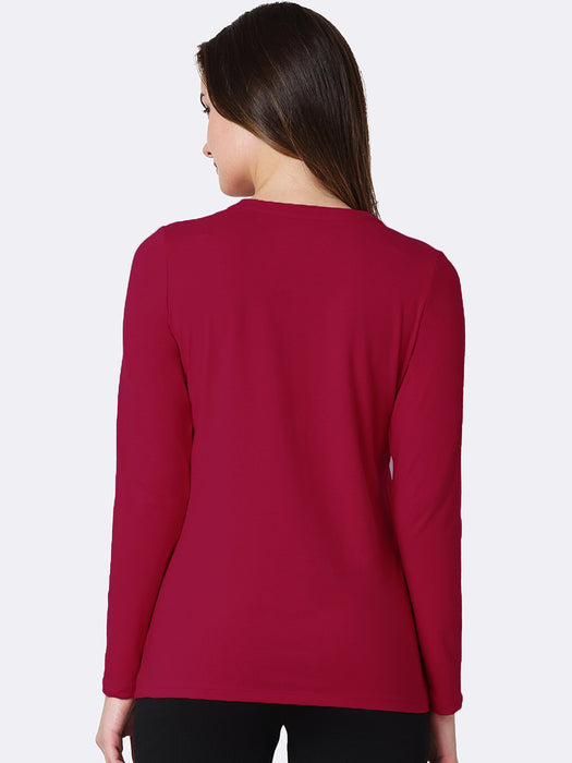 Miss Popular Long Sleeve Viscous Tee Shirt For Women-Dark Red-BR13722