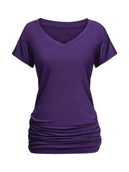 Miss Popular Viscose V Neck Ruched Side Tee Shirt For Women-Purple-BR13691