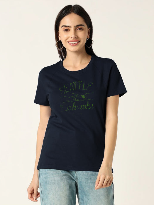 NFL Crew Neck Half Sleeve Tee Shirt For Women-Navy with Print-BR15618