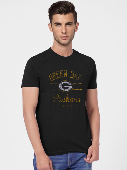 NFL Raglan Sleeve Crew Neck Tee Shirt For Men-Black With Print-BR13308