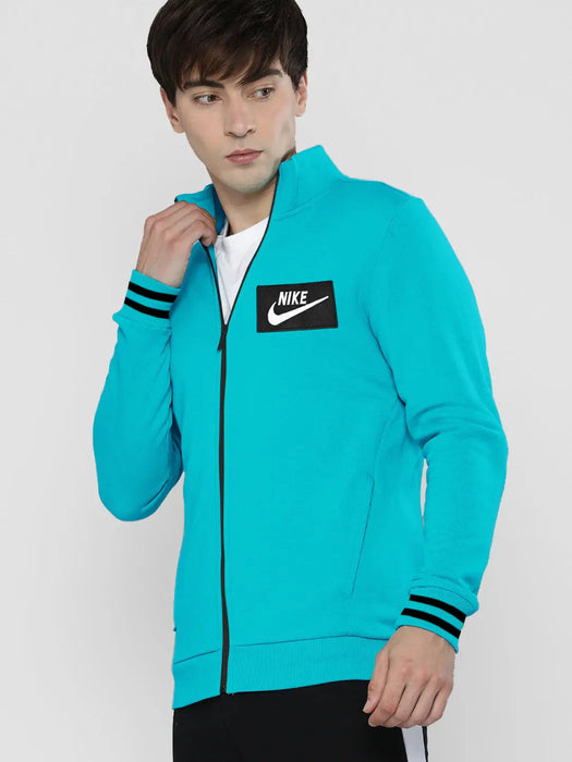 NK Fleece Zipper Mock Neck Jacket For Men Cyan Blue-RT2131