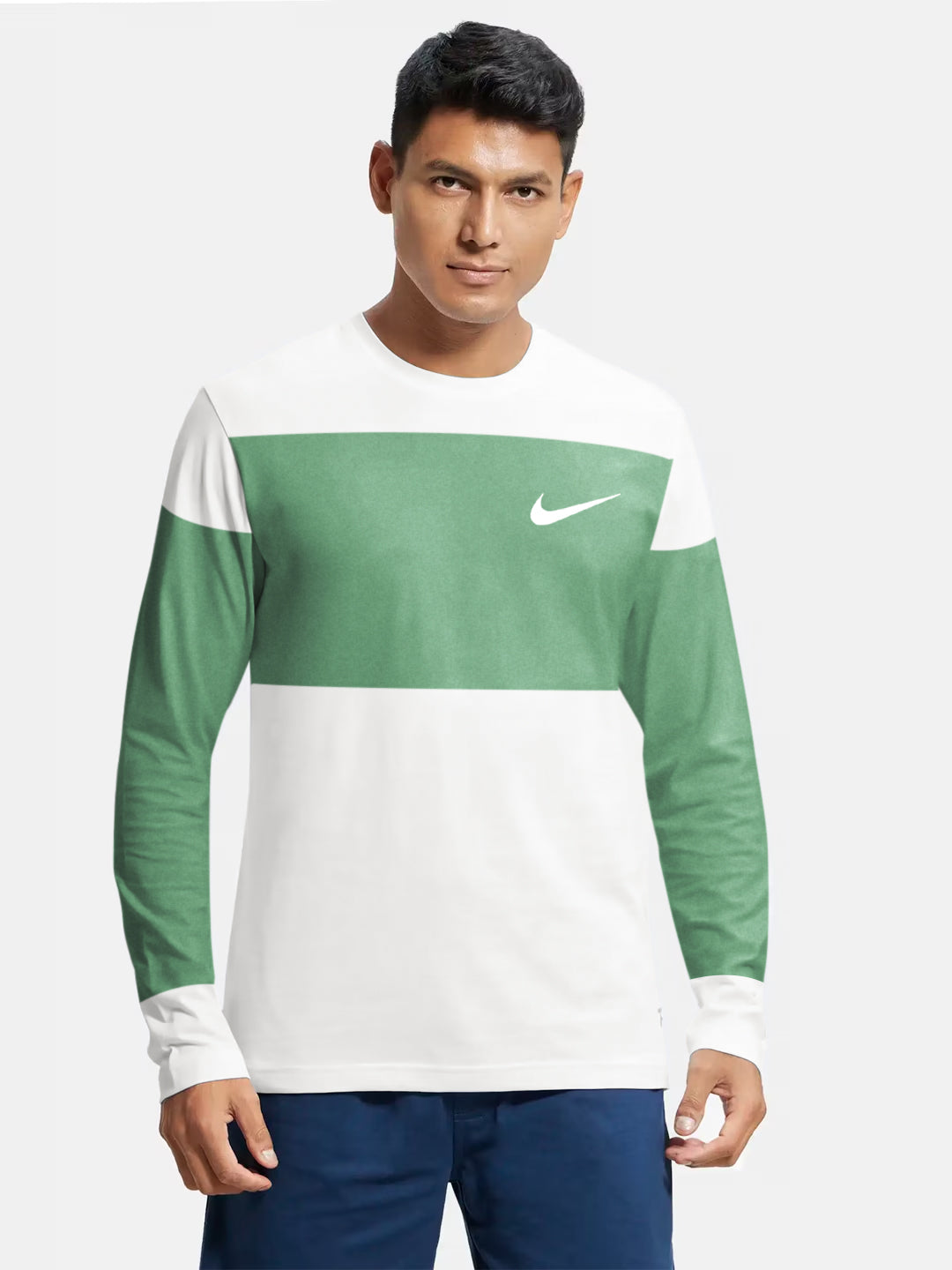 NK Crew Neck Long Sleeve T Shirt For Men-White with Green Melange-BR13462