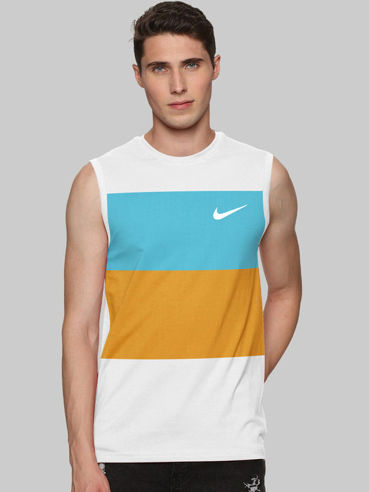 NK Crew Neck Sleeveless Tee Shirt For Men-White with Cyan & Yellow Panel-BR13458