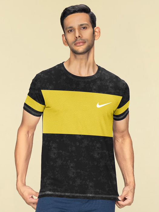 NK Crew Neck Tee Shirt For Men-Black Faded with Yellow Panel-BR13463