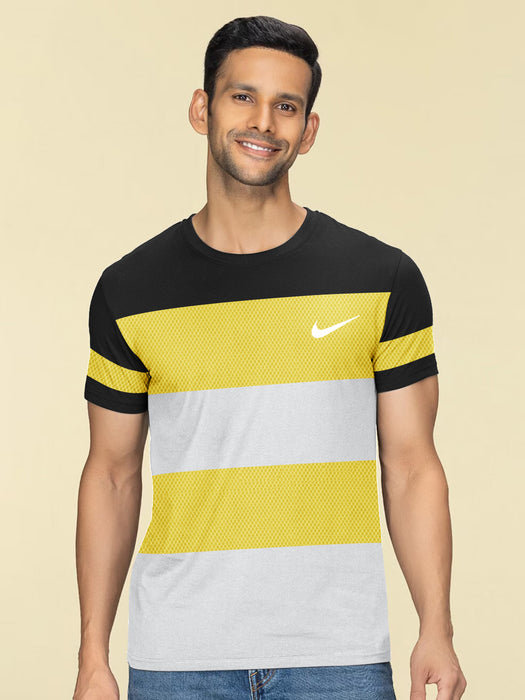 NK Crew Neck Tee Shirt For Men-Black Faded with Yellow & Smoke White Panel-BR13464