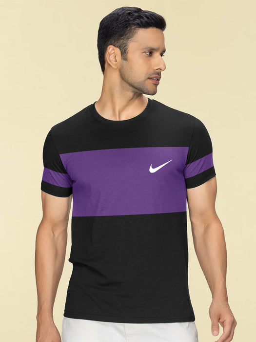 NK Crew Neck Tee Shirt For Men-Black with Purple Panel-BR13460