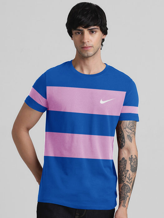 NK Crew Neck Tee Shirt For Men-Blue with Pink Panel-BR13474