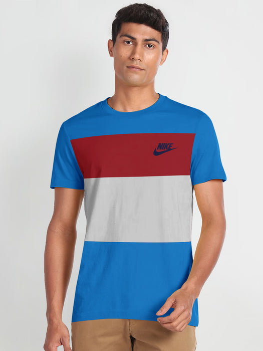 NK Crew Neck Tee Shirt For Men-Cyan Blue with Red & Smoke White Panel-BR13473