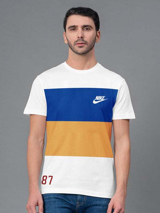 NK Crew Neck Tee Shirt For Men-White with Blue & Yellow Panel-BR13476