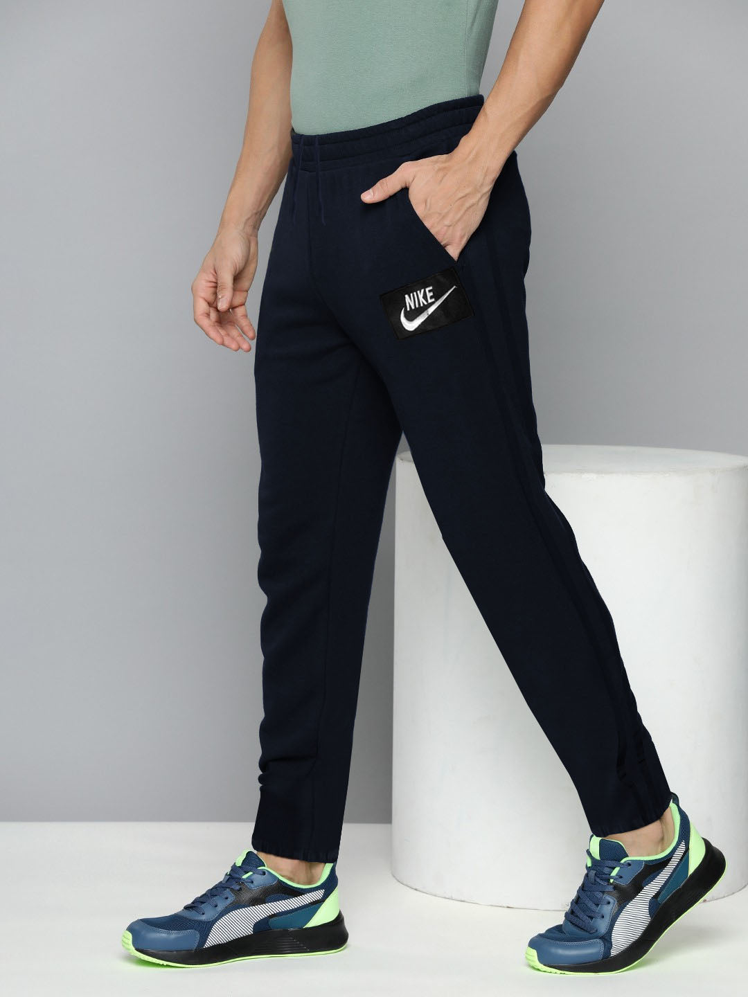 NK Gathering Fit Fleece Jogger Trouser For Men-Navy with Stripe-BR14693