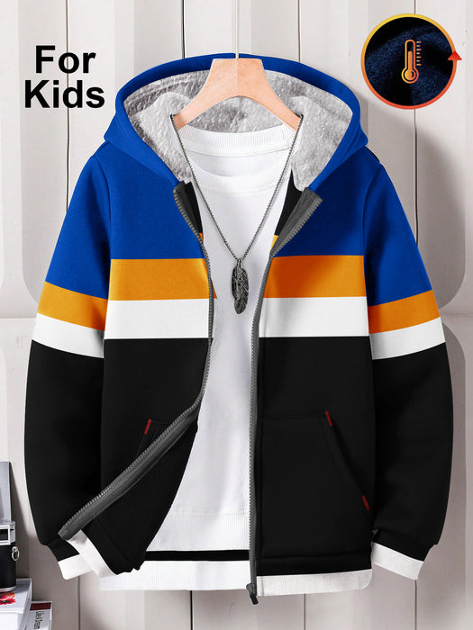 NXT Inner Fur Hood Fleece Full Zipper Hoodie For Kids-Black, Blue with Orange & White Panels-BR14680